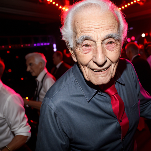 french man, 90 years old, party, night club, having fun, wearing a shirt and pants, dancing, realistic face, flash, nikon D6
