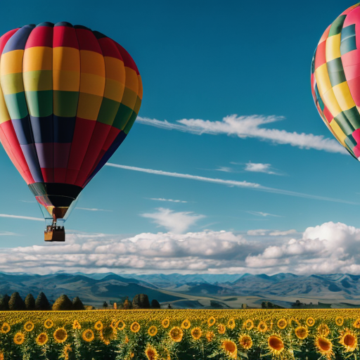 Fujifilm XT3, high details, landscape, mountain, sunflowers field, clouds, colorful Hot air balloons