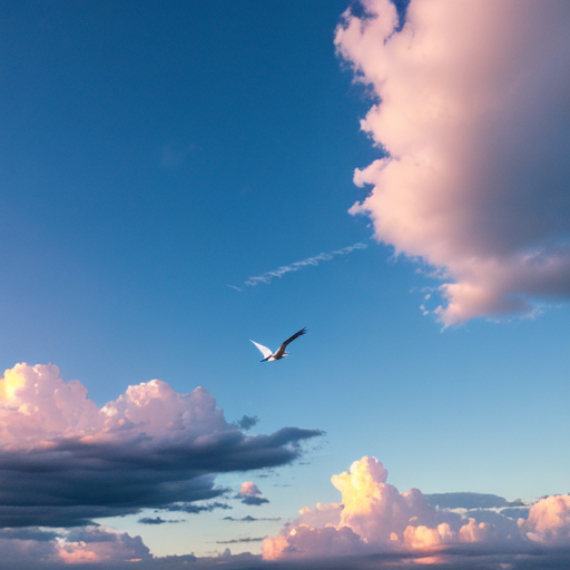 high details, blue sky, clouds, white bird flying far away, sunset