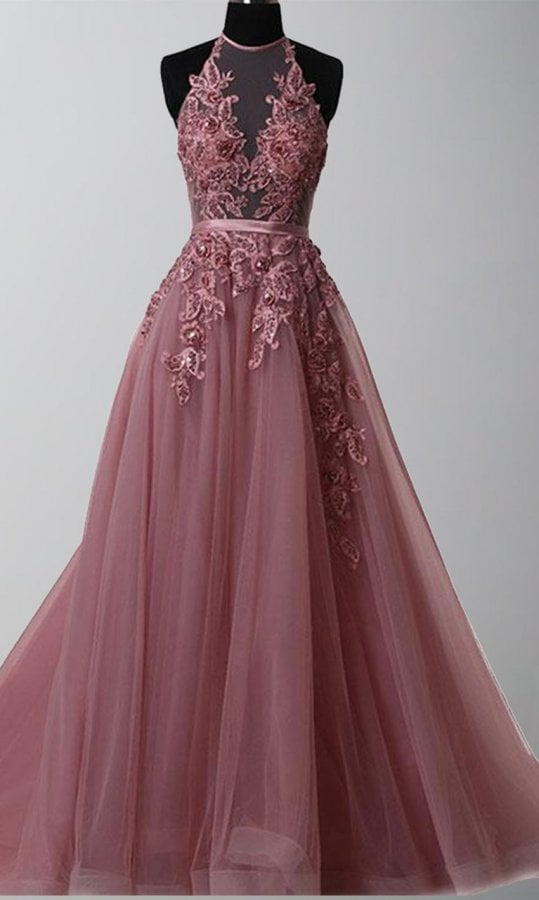 Halter Illusion Embellishment Long Prom Gowns KSP493