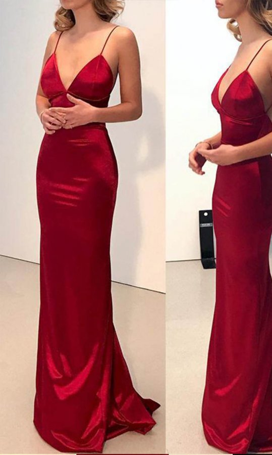 red satin sheath prom dresses with spaghetti straps