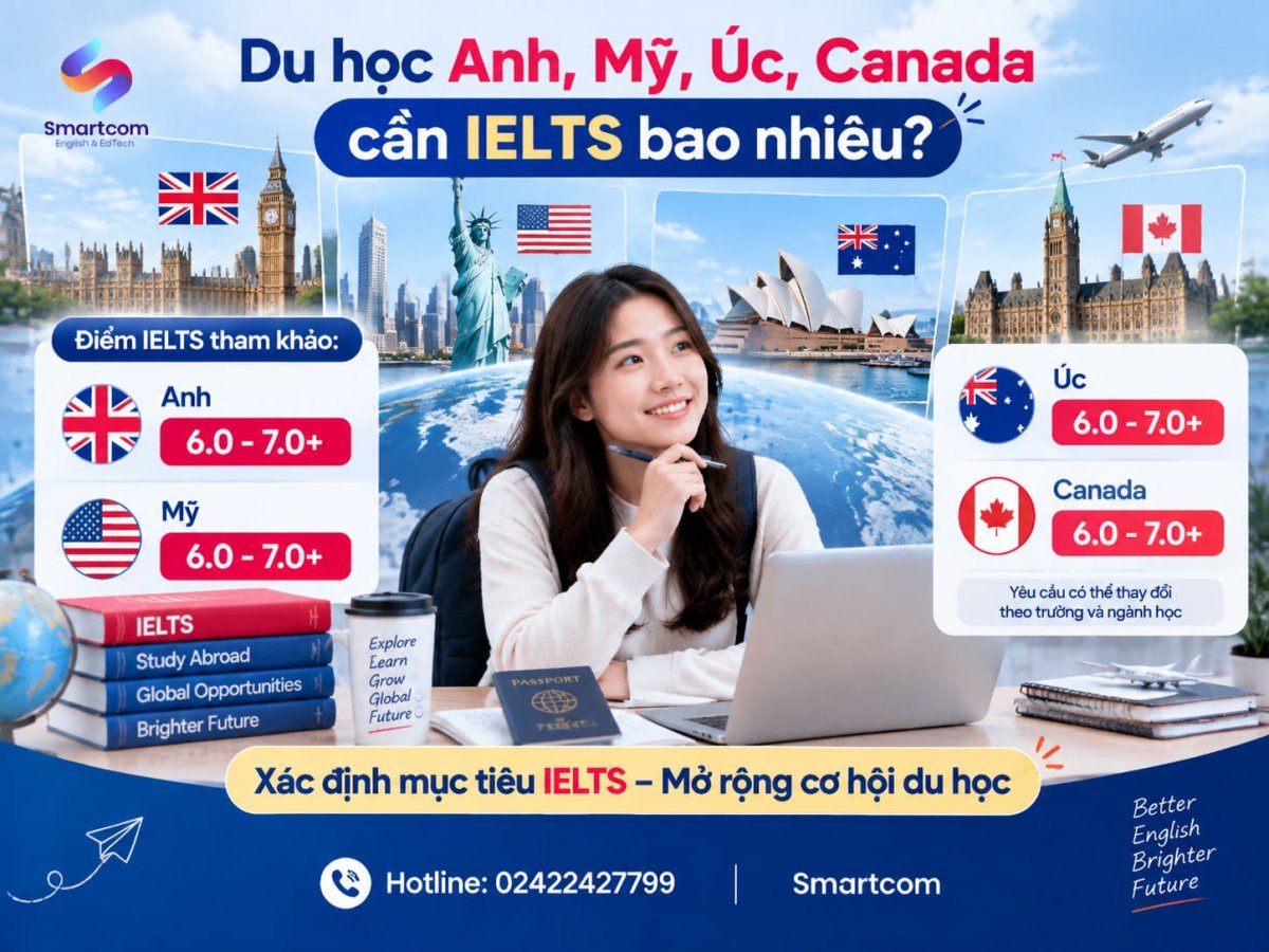 Du hoc cac nuoc Anh My Uc Canada can IELTS bao nhieu cham